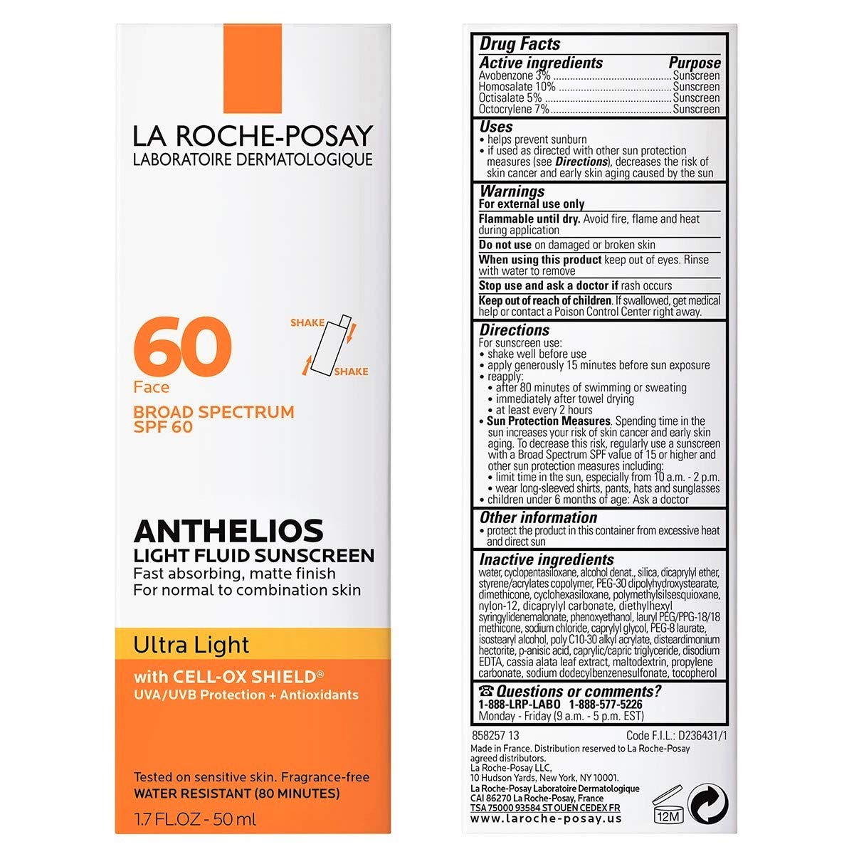 La Roche-Posay Anthelios Light Fluid Facial Sunscreen SPF 60, Lightweight Sunscreen For Face, Fluid Texture, Broad Spectrum SPF + Antioxidants - FENGGESTORE20