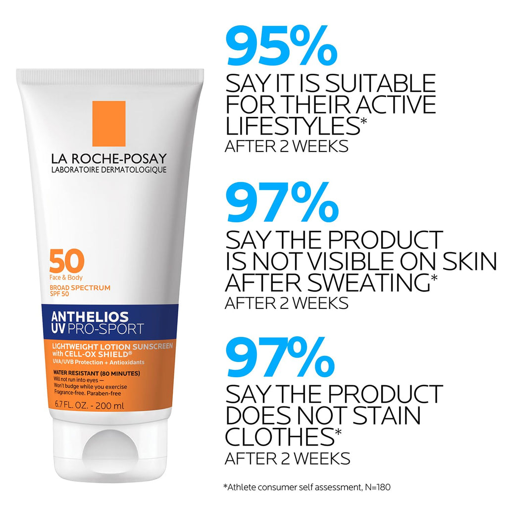 La Roche-Posay Anthelios UV Pro-Sport SPF 50 Sunscreen for Face & Body, Water & Sweat Resistant with Non-Drip Formula, Invisible Broad Spectrum Sunscreen Lotion - FENGGESTORE20