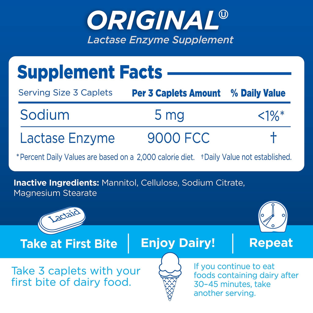 Lactaid Original Strength Lactose Intolerance Pills, 9000 FCC Natural Lactase Enzyme Dairy Relief Caplets, Helps Prevent Gas, Bloating & Diarrhea Due to Lactose Sensitivity in Adults & Kids, 120 Count - FENGGESTORE20