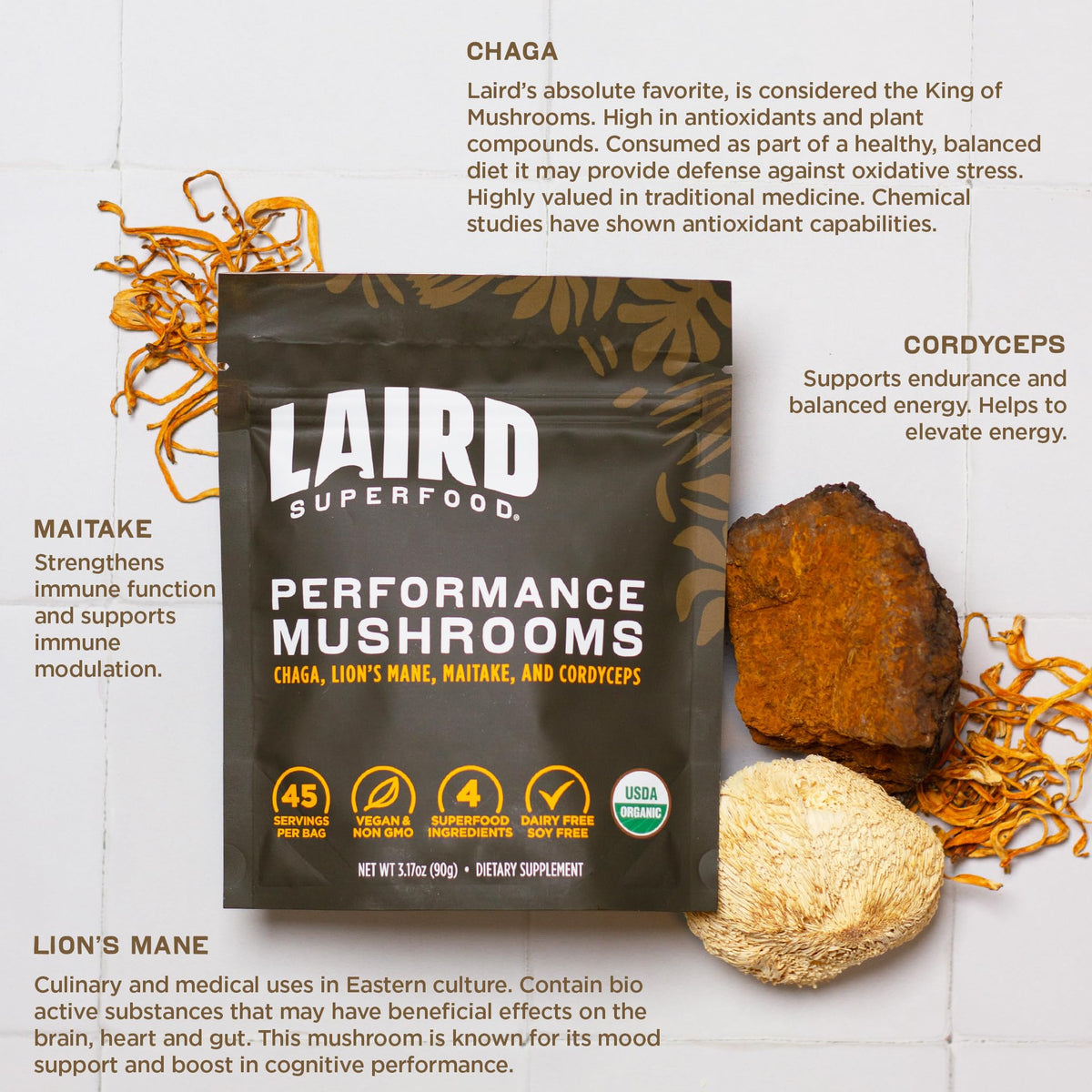 Laird Superfood Organic Performance Mushroom Blend with Chaga, Cordyceps, Lion's Mane and Maitake for Energy - FENGGESTORE20