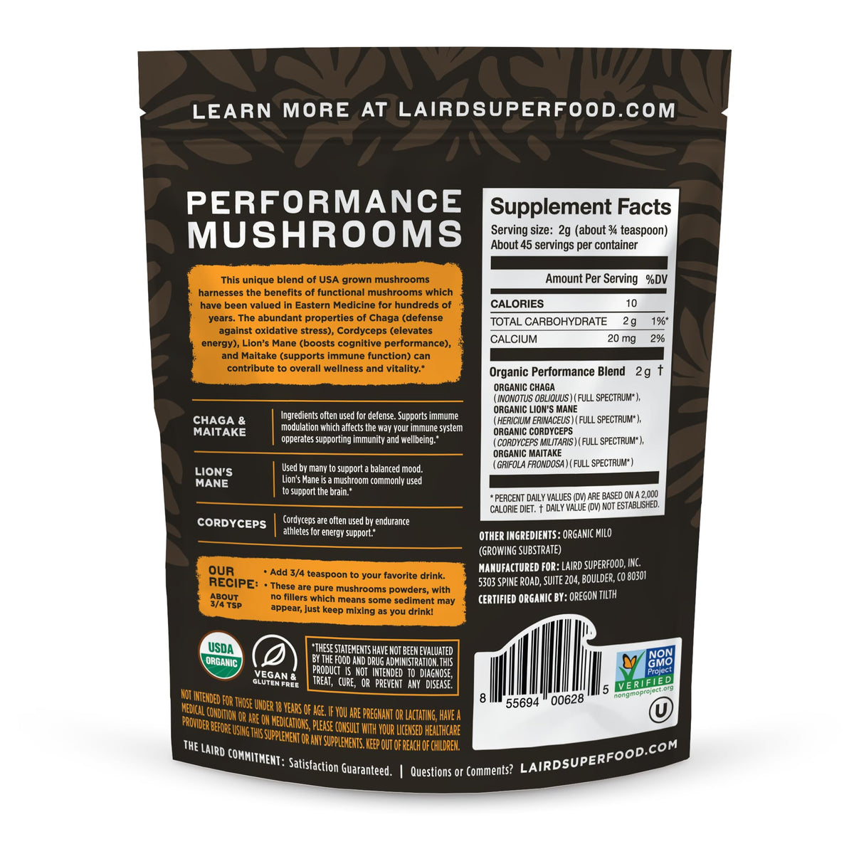 Laird Superfood Organic Performance Mushroom Blend with Chaga, Cordyceps, Lion's Mane and Maitake for Energy - FENGGESTORE20