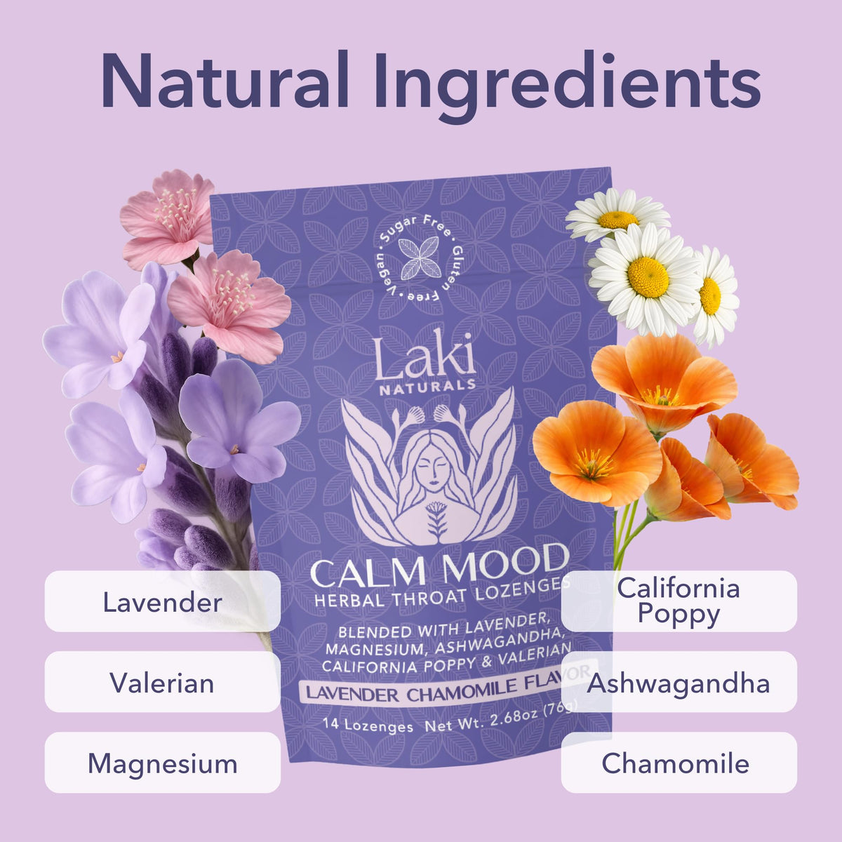 Laki Naturals Lavender Chamomile Calm Mood Functional Herbal Lozenges (14ct) Throat & Calming Hard Candies with Magnesium, Ashwagandha, California Poppy & Valerian. Vegan, Sugar Free, Gluten Free - FENGGESTORE20