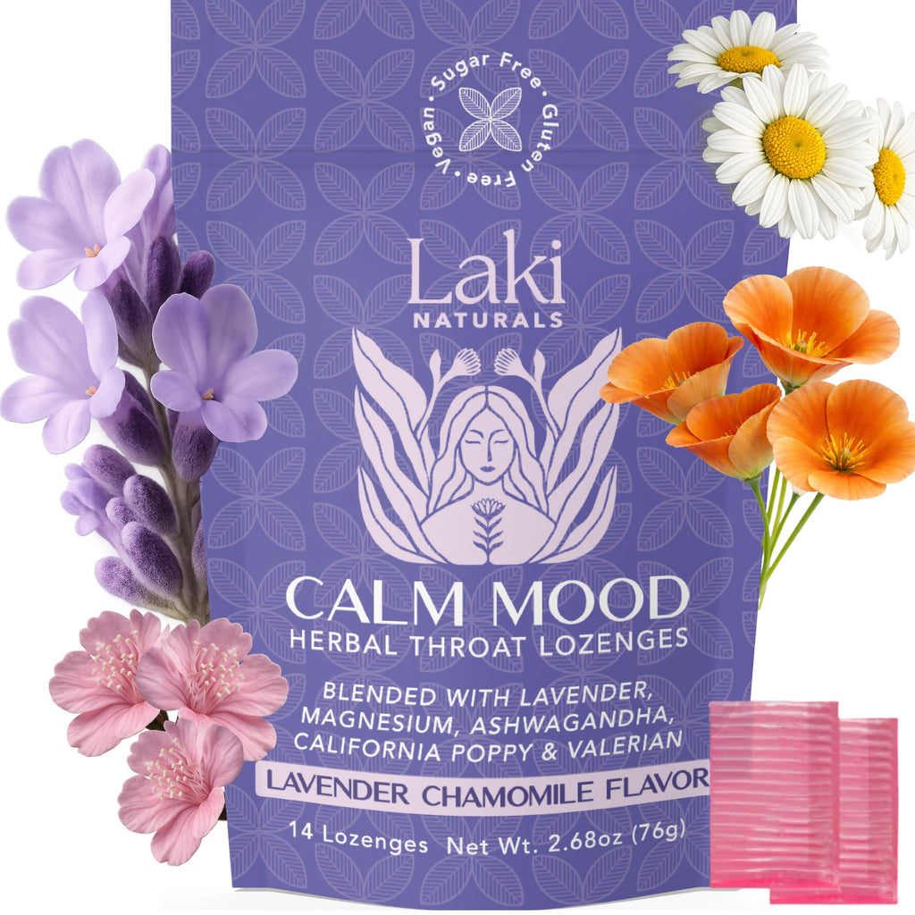 Laki Naturals Lavender Chamomile Calm Mood Functional Herbal Lozenges (14ct) Throat & Calming Hard Candies with Magnesium, Ashwagandha, California Poppy & Valerian. Vegan, Sugar Free, Gluten Free - FENGGESTORE20