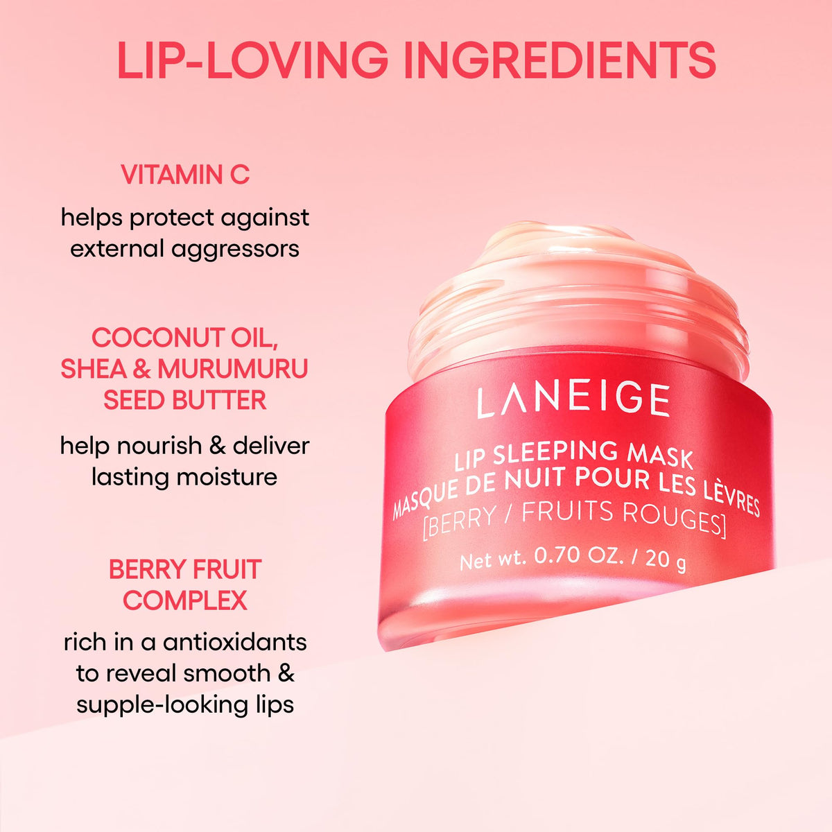 LANEIGE Lip Sleeping Mask, Berry: Nourishing Overnight Lip Treatment with Vitamin C, Shea & Murumuru Butter for Hydrating Dry, Flaky Lips - FENGGESTORE20