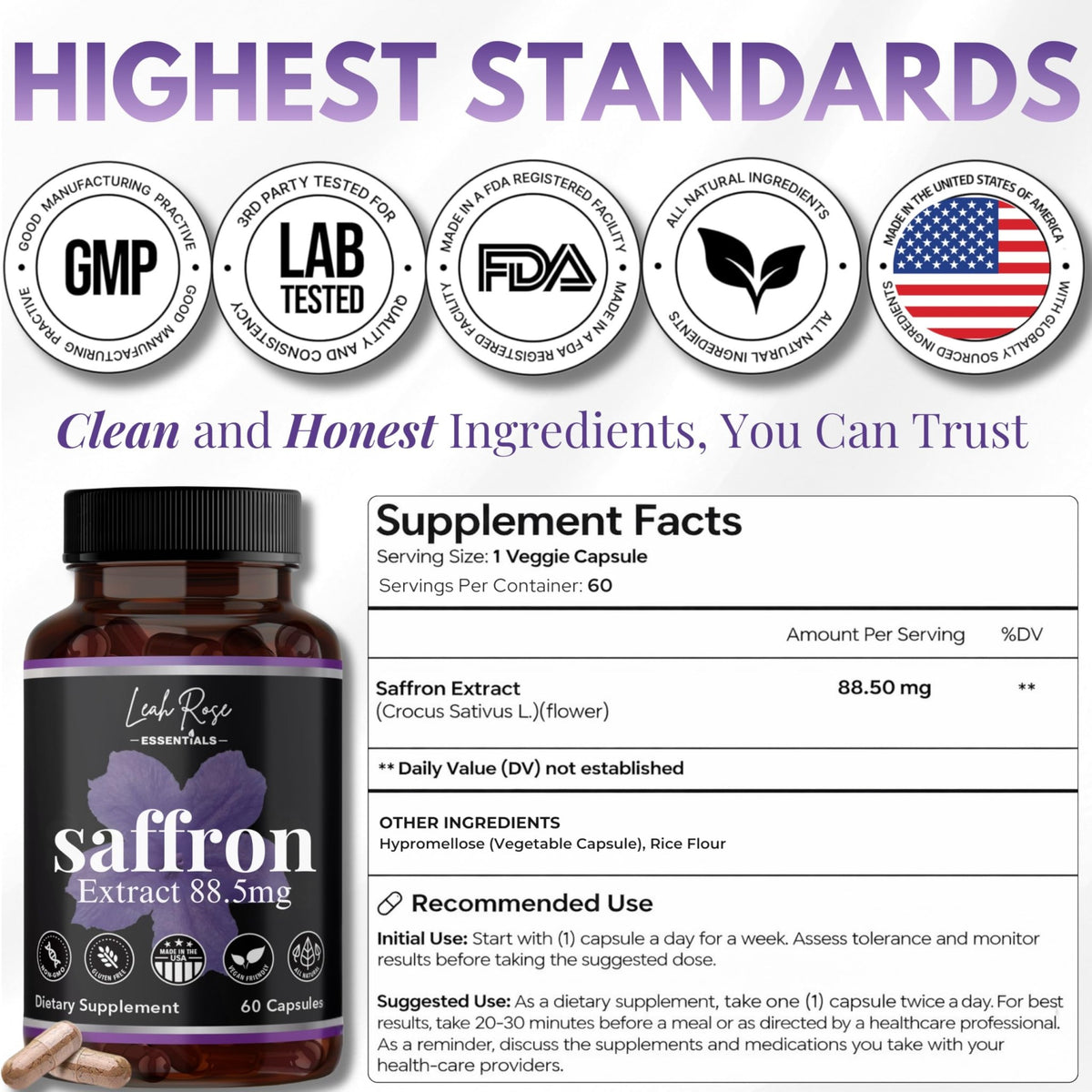 Leah Rose Essentials Saffron Supplement 88.5mg | Mood, Focus, and Stress Support | 60 Premium Saffron Extract Capsules | Made in the USA | 3rd Party Lab Tested | Non-GMO, Vegan, Gluten-Free - FENGGESTORE20