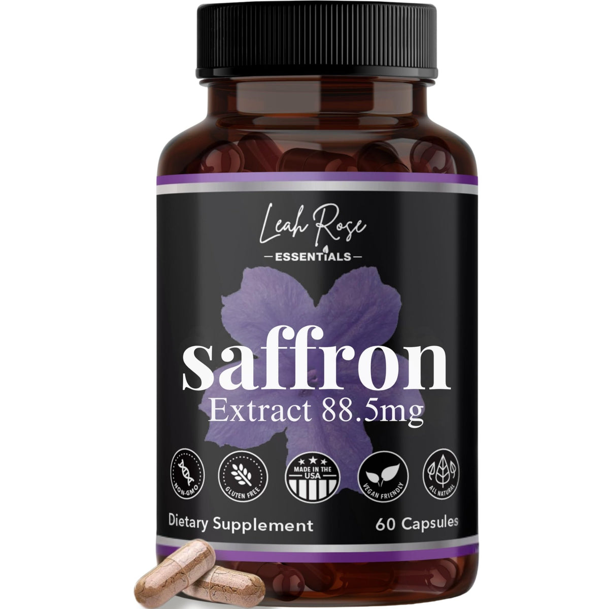 Leah Rose Essentials Saffron Supplement 88.5mg | Mood, Focus, and Stress Support | 60 Premium Saffron Extract Capsules | Made in the USA | 3rd Party Lab Tested | Non-GMO, Vegan, Gluten-Free - FENGGESTORE20