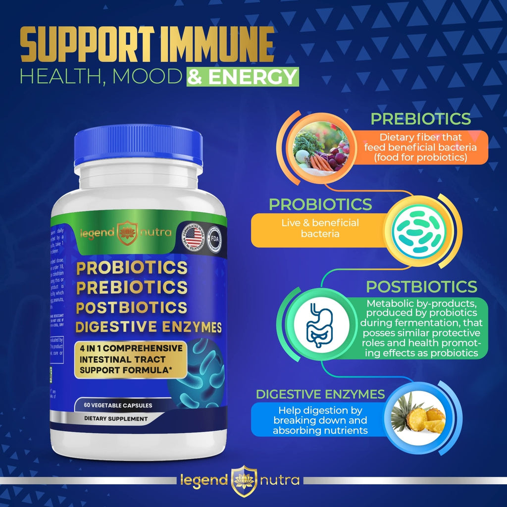 Legend Nutra Probiotics Prebiotics Postbiotics Digestive Enzymes 4 in 1 Formula 60 Count (Pack of 1) - FENGGESTORE20