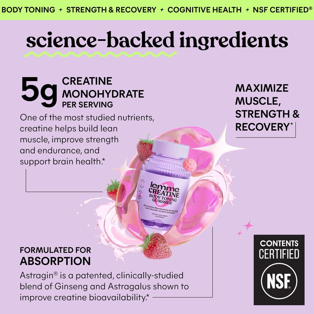 Lemme Creatine Monohydrate Gummies for Women and Men, 5g Dose to Support Lean Muscle, Strength, Recovery, Cognitive Health, w/Ginseng for Absorption - FENGGESTORE20