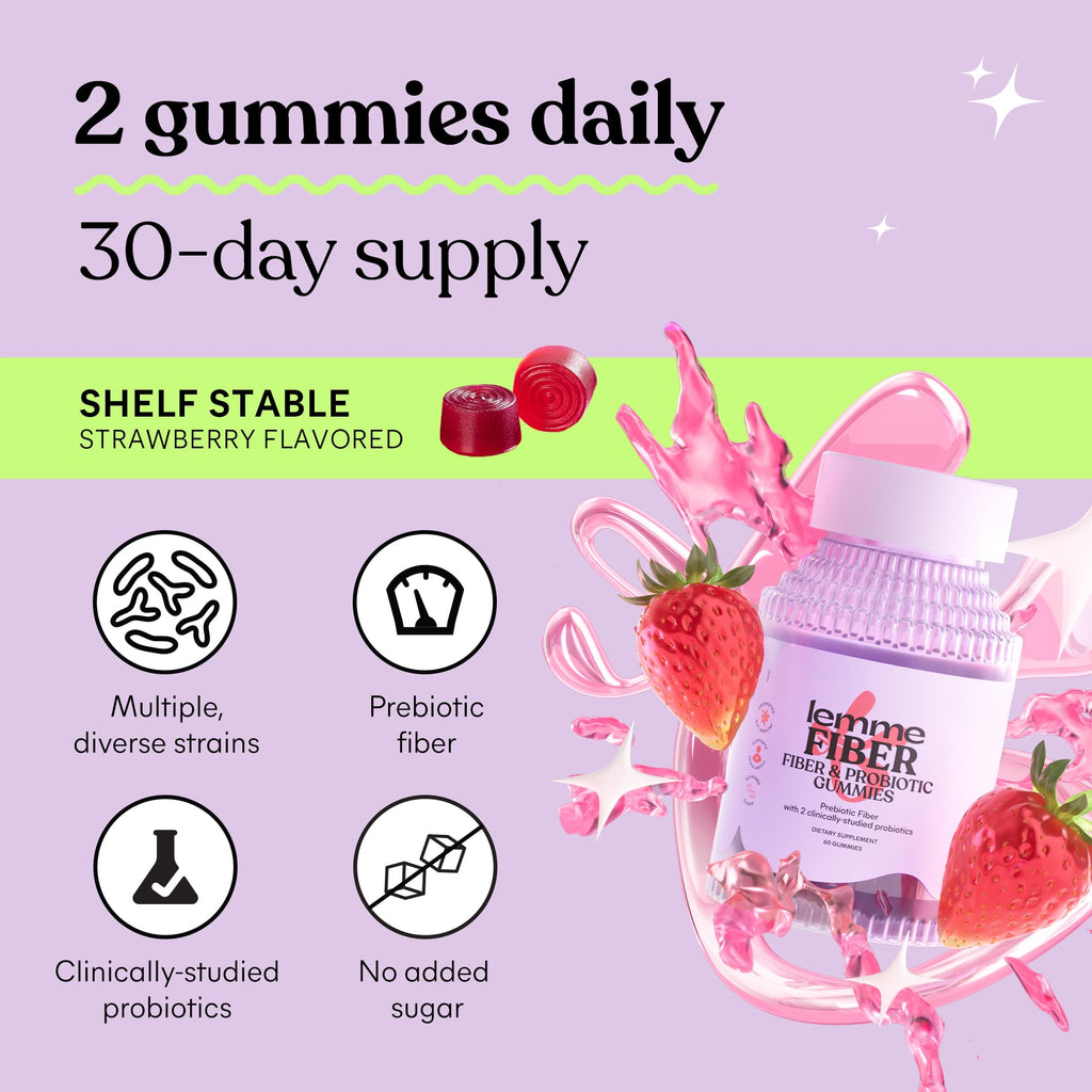 Lemme Fiber & Probiotic Gummies for Adults, Promotes Regularity & Digestive Health, No Sugar Added Strawberry Flavor, 4g Prebiotic Fiber & Clinically - FENGGESTORE20