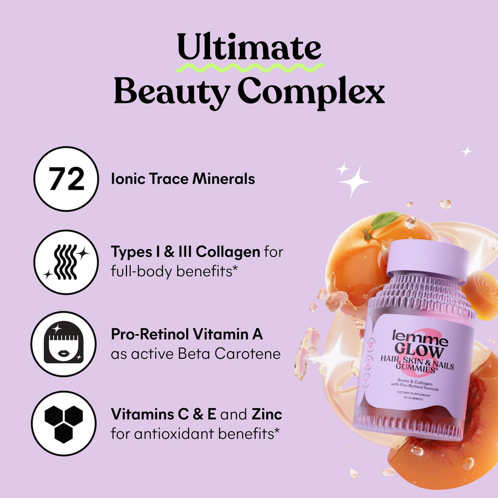 Lemme Glow Collagen Gummies for Thick Hair, Strong Nails & Healthy Skin with Multi-Collagen Peptides, Biotin, Trace Minerals, Zinc, Vitamins A, C & E - FENGGESTORE20