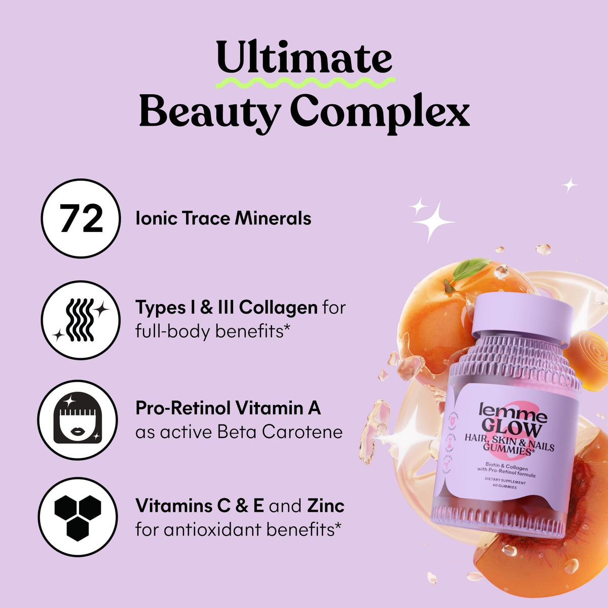 Lemme Glow Collagen Gummies for Thick Hair, Strong Nails & Healthy Skin with Multi-Collagen Peptides, Biotin, Trace Minerals, Zinc, Vitamins A, C & E - FENGGESTORE20