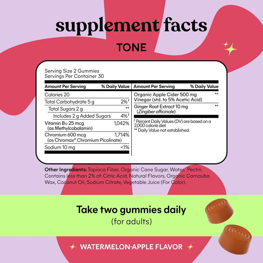 Lemme Tone Metabolism Gummies, Apple Cider Vinegar, Clinically Studied Chromium, B12, Ginger Root Extract, Promote Lean Body Mass - FENGGESTORE20