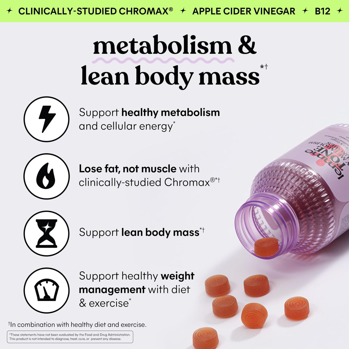 Lemme Tone Metabolism Gummies, Apple Cider Vinegar, Clinically Studied Chromium, B12, Ginger Root Extract, Promote Lean Body Mass - FENGGESTORE20