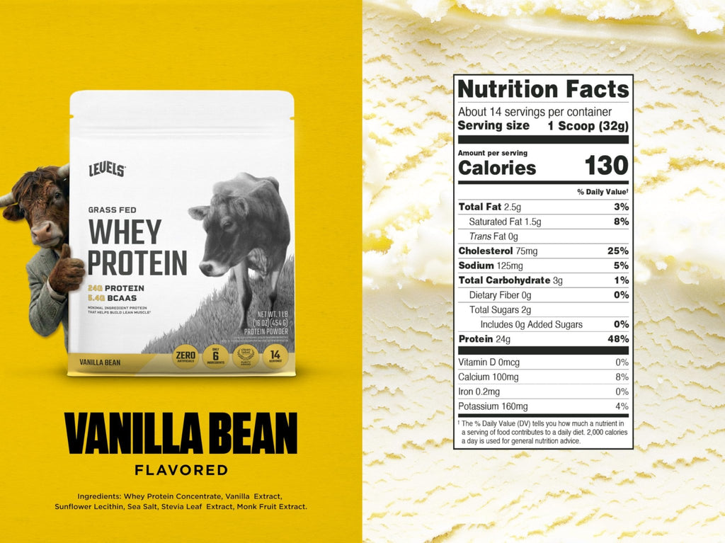 Levels Grass Fed Whey Protein Powder, No Artificials, 24G of Protein, Vanilla Bean, 1LB - FENGGESTORE20