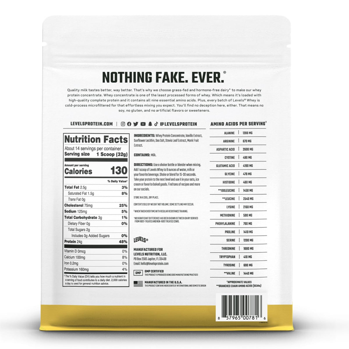 Levels Grass Fed Whey Protein Powder, No Artificials, 24G of Protein, Vanilla Bean, 1LB - FENGGESTORE20