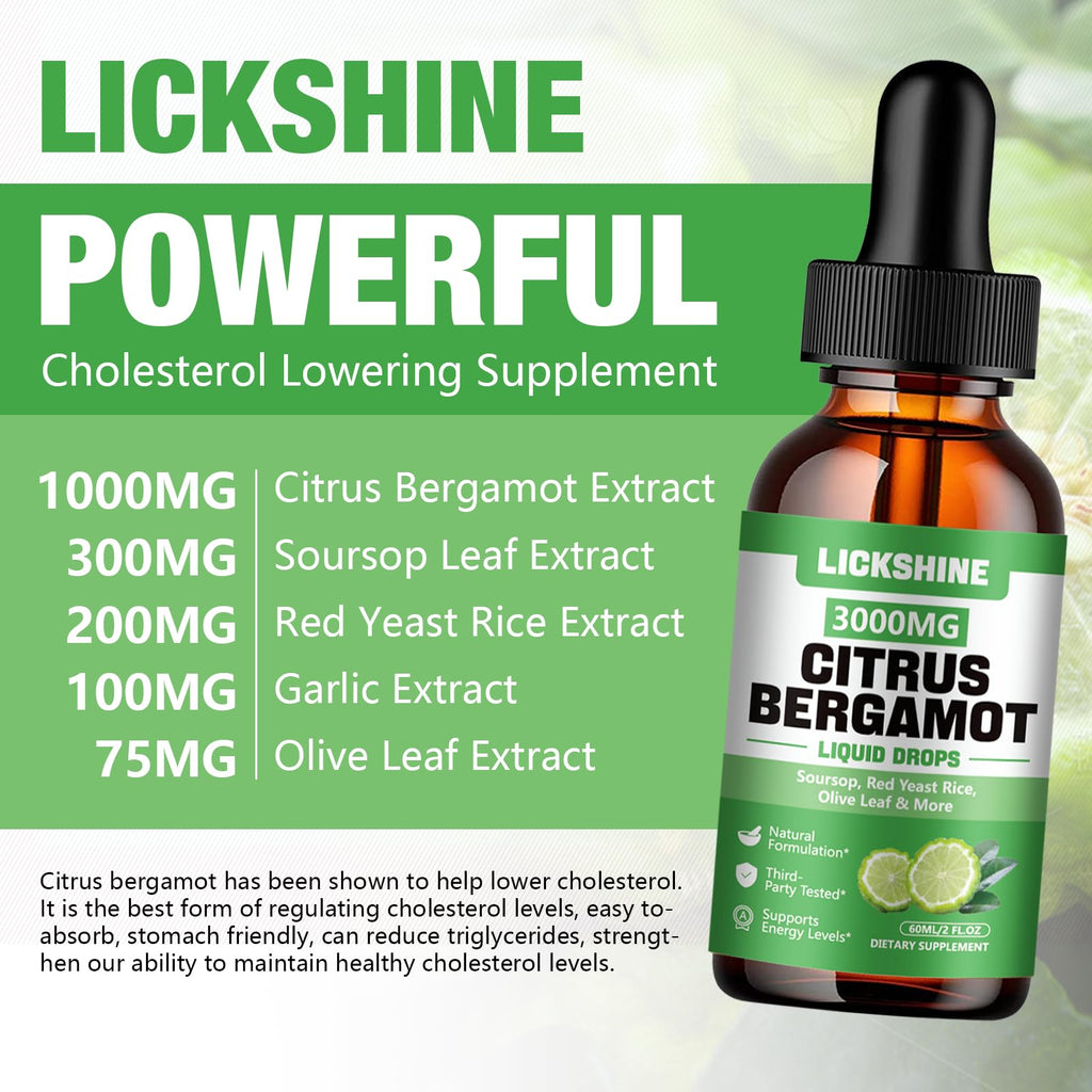 lickshine 2 Pack 3000mg Citrus Bergamot Liquid Drops - High Absorption - Cholesterol Lowering Supplement for Immune Support Anti-Aging, - FENGGESTORE20