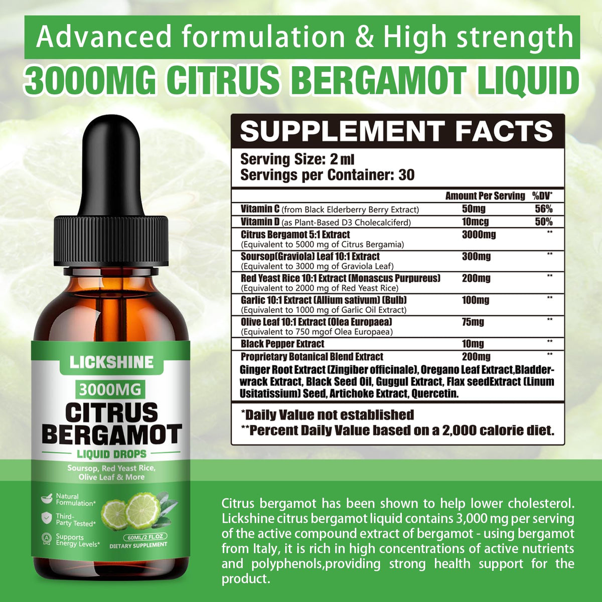 lickshine 2 Pack 3000mg Citrus Bergamot Liquid Drops - High Absorption - Cholesterol Lowering Supplement for Immune Support Anti-Aging, - FENGGESTORE20