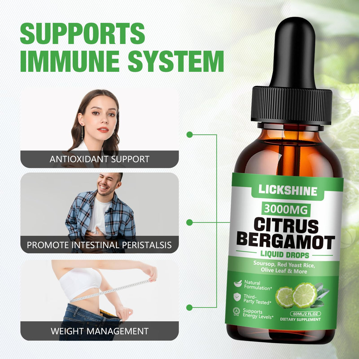 lickshine 2 Pack 3000mg Citrus Bergamot Liquid Drops - High Absorption - Cholesterol Lowering Supplement for Immune Support Anti-Aging, - FENGGESTORE20