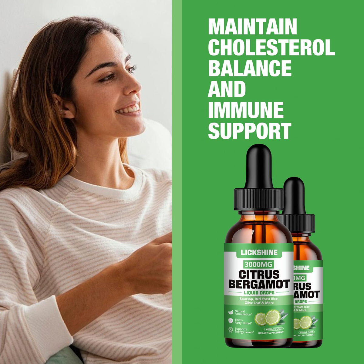 lickshine 2 Pack 3000mg Citrus Bergamot Liquid Drops - High Absorption - Cholesterol Lowering Supplement for Immune Support Anti-Aging, - FENGGESTORE20