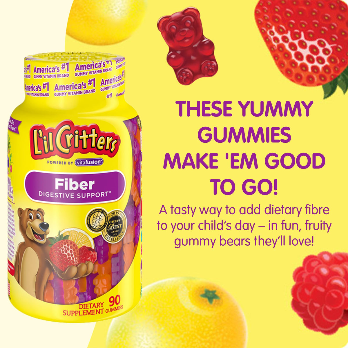 L’il Critters Fiber Daily Gummy Supplement for Kids, for Digestive Support, Berry and Lemon Flavors, 90 Gummies - FENGGESTORE20