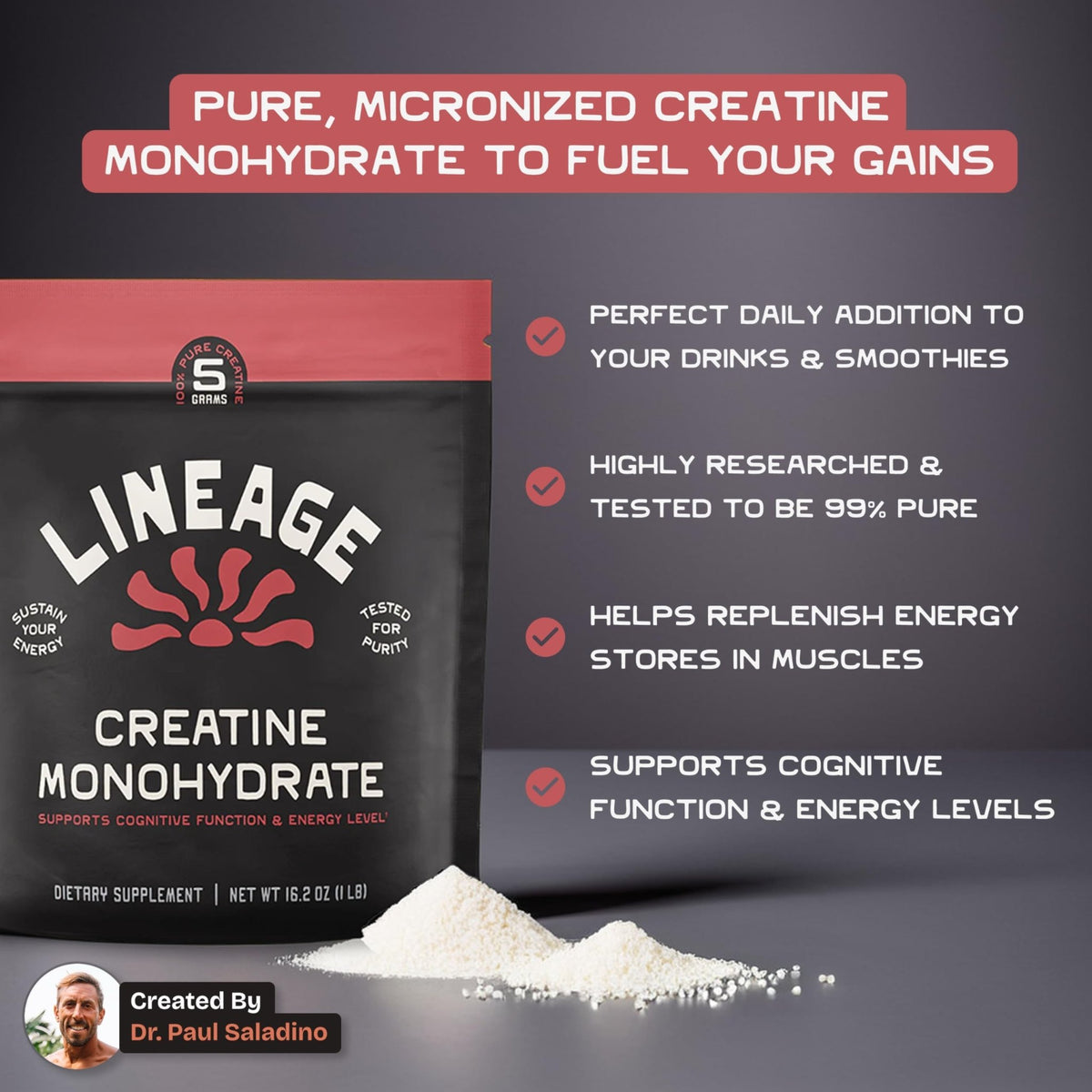 Lineage Provisions Micronized Creatine Monohydrate with Sea Salt - Micronized Creatine Powder for Training & Performance - FENGGESTORE20
