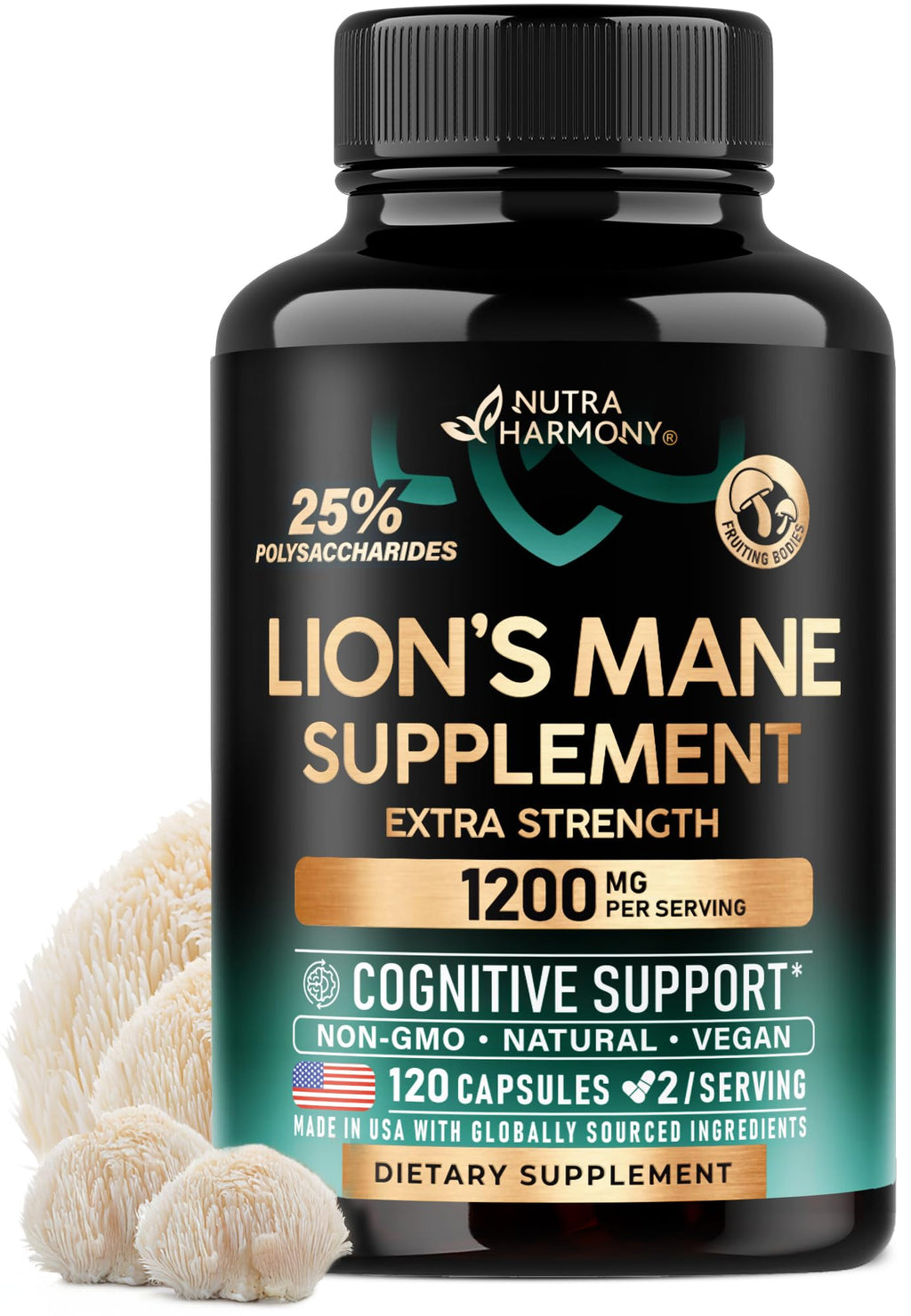 Lions Mane Supplement Capsules - Organic Lions Mane - Made in USA - Fruiting Bodies Extract - 1200 mg, 25% Polysaccharides - Memory & Focus Support - FENGGESTORE20