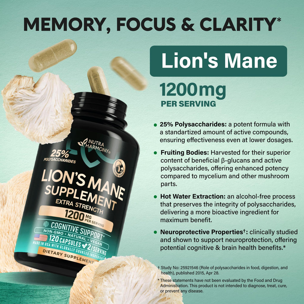 Lions Mane Supplement Capsules - Organic Lions Mane - Made in USA - Fruiting Bodies Extract - 1200 mg, 25% Polysaccharides - Memory & Focus Support - FENGGESTORE20