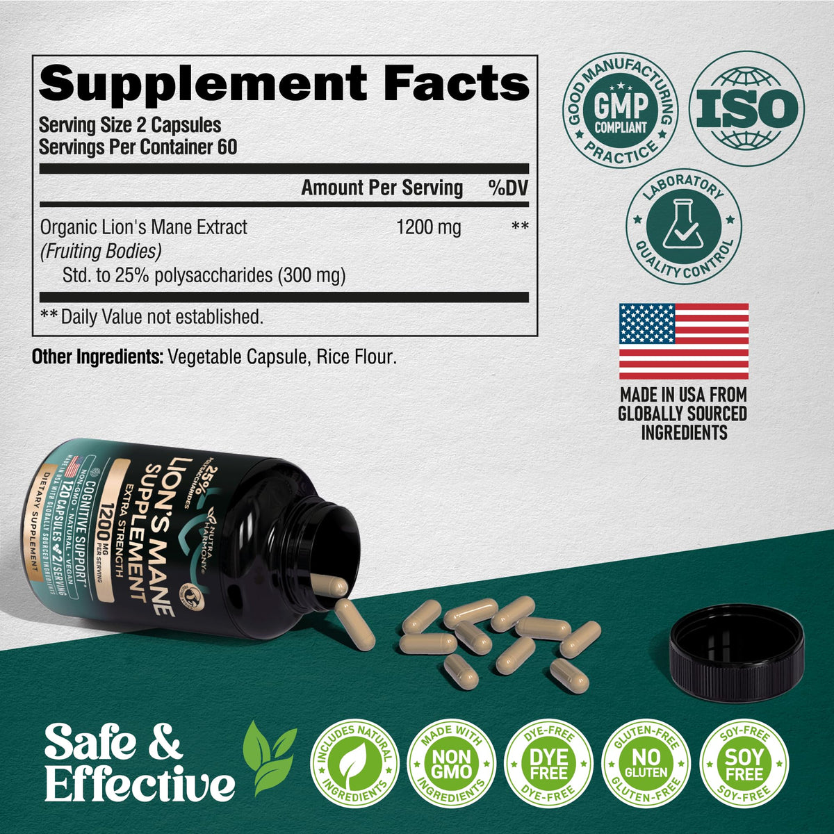 Lions Mane Supplement Capsules - Organic Lions Mane - Made in USA - Fruiting Bodies Extract - 1200 mg, 25% Polysaccharides - Memory & Focus Support - FENGGESTORE20