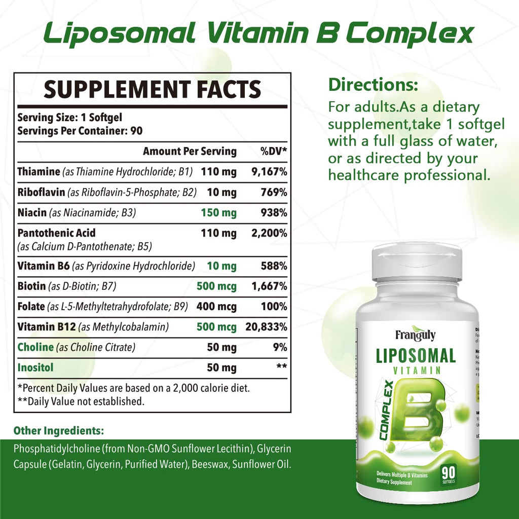 Liposomal B Complex for High Absorption Methylated B12,L-Methyfolate(5-MTHF ),Full Active B Vitamins with Choline Inositol-Energy, Metabolism,Brain & Heart Support - FENGGESTORE20