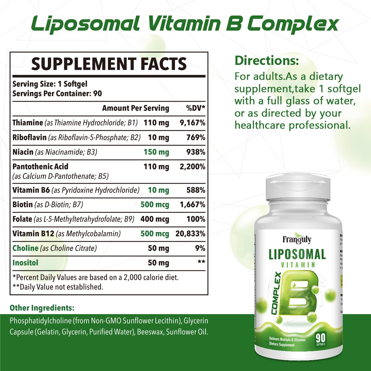 Liposomal B Complex for High Absorption Methylated B12,L-Methyfolate(5-MTHF ),Full Active B Vitamins with Choline Inositol-Energy, Metabolism,Brain & Heart Support - FENGGESTORE20