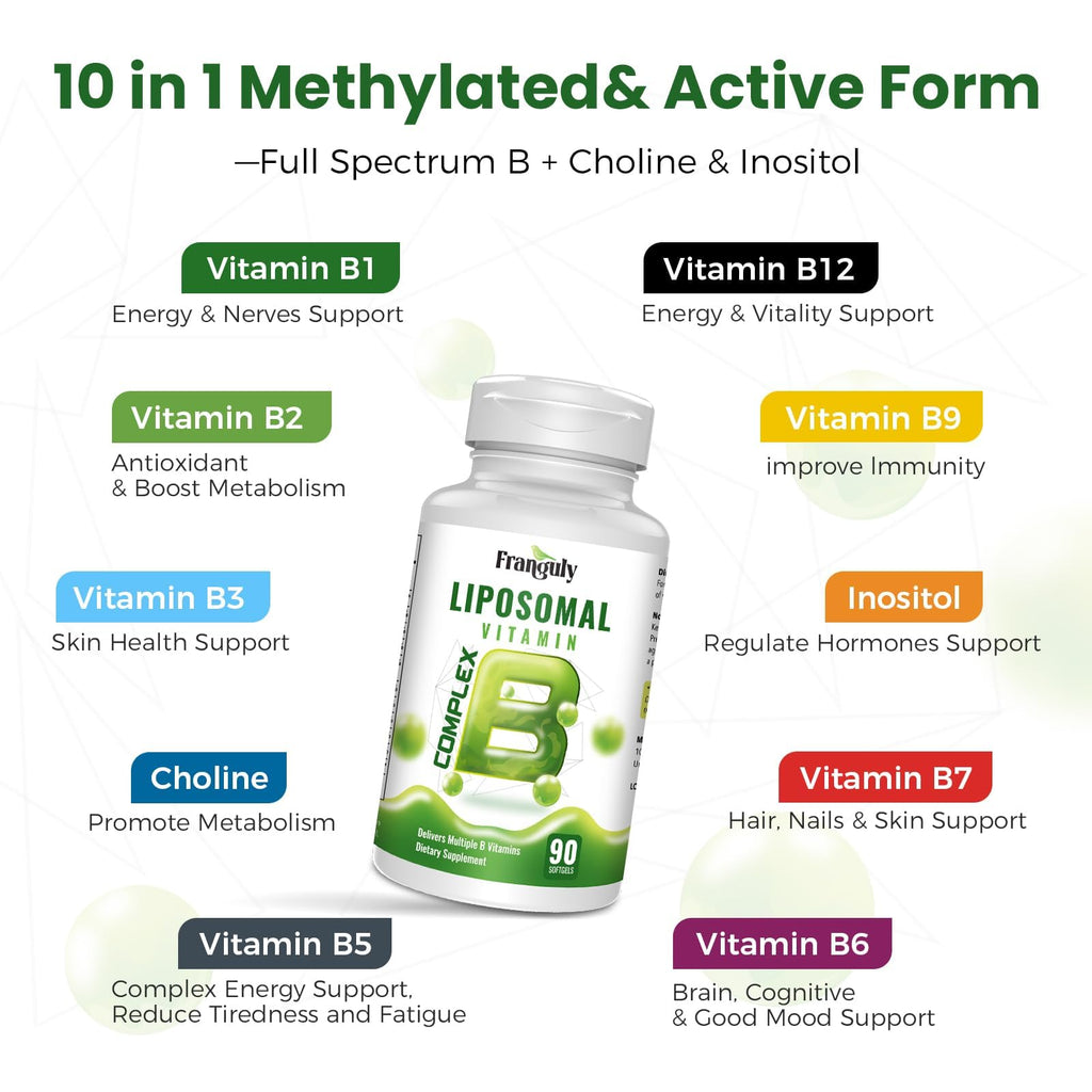 Liposomal B Complex for High Absorption Methylated B12,L-Methyfolate(5-MTHF ),Full Active B Vitamins with Choline Inositol-Energy, Metabolism,Brain & Heart Support - FENGGESTORE20