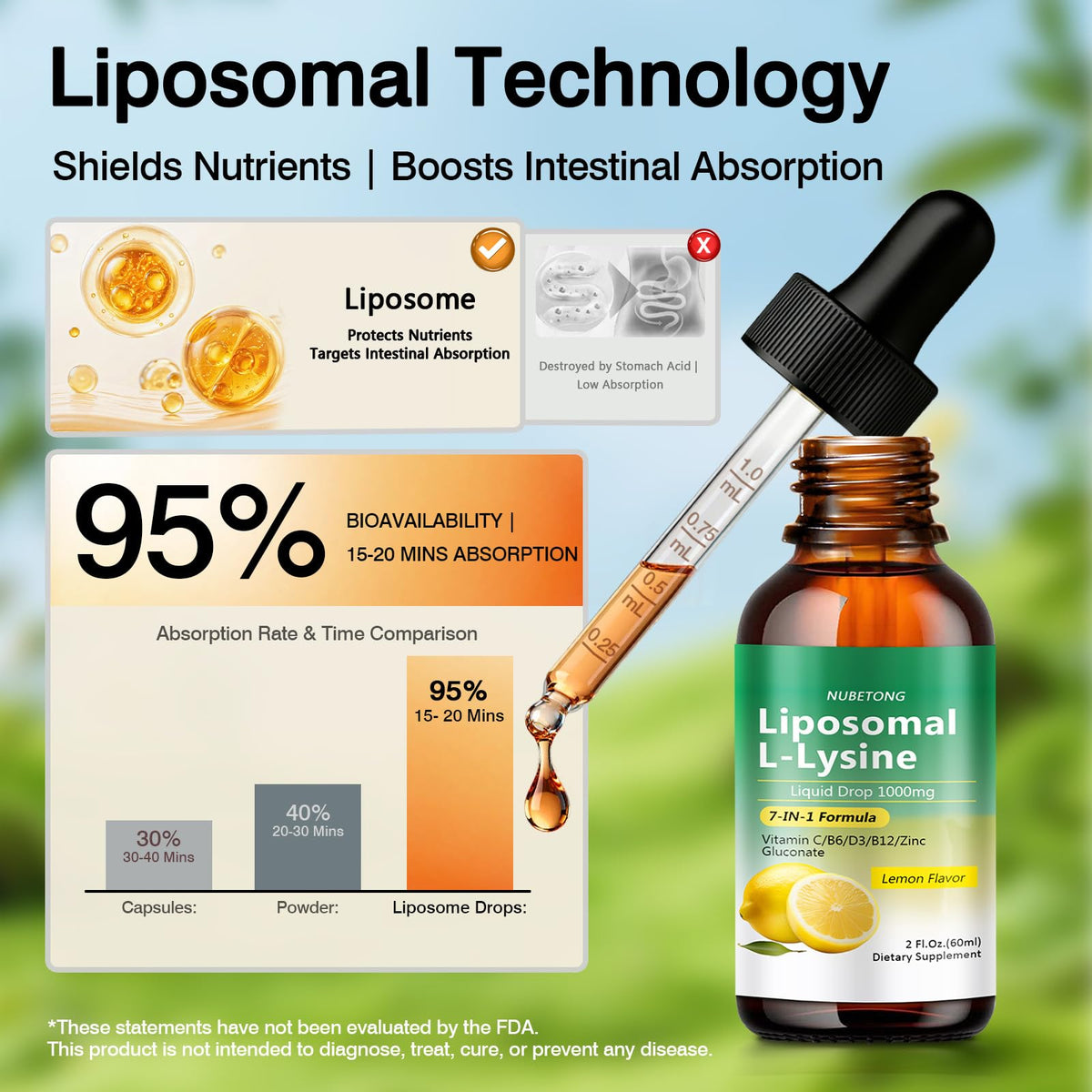 Liposomal L-Lysine 1000mg Liquid Drops, 7-in-1 Lysine Supplement for Adults with Vitamin C/B6/D3/B12 & Zinc Gluconate, Immune Support, Collagen Synthesis & Skin Lip Health, Lemon Flavor, 2 Fl Oz - FENGGESTORE20