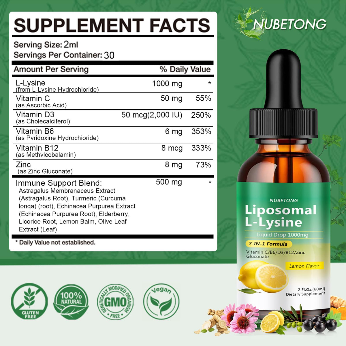 Liposomal L-Lysine 1000mg Liquid Drops, 7-in-1 Lysine Supplement for Adults with Vitamin C/B6/D3/B12 & Zinc Gluconate, Immune Support, Collagen Synthesis & Skin Lip Health, Lemon Flavor, 2 Fl Oz - FENGGESTORE20