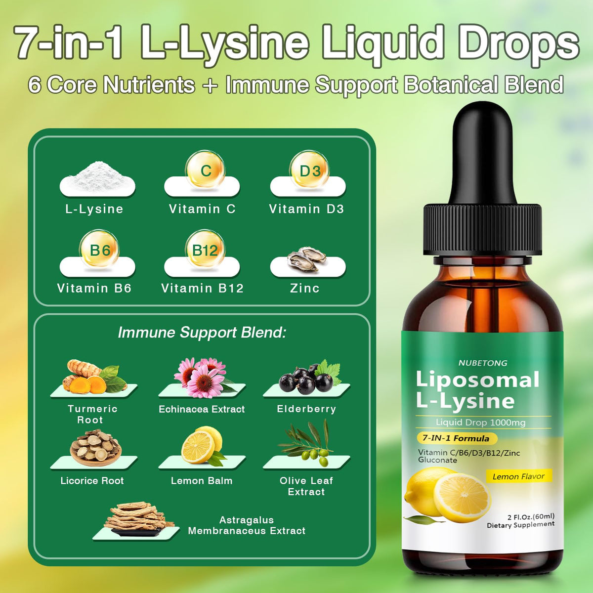 Liposomal L-Lysine 1000mg Liquid Drops, 7-in-1 Lysine Supplement for Adults with Vitamin C/B6/D3/B12 & Zinc Gluconate, Immune Support, Collagen Synthesis & Skin Lip Health, Lemon Flavor, 2 Fl Oz - FENGGESTORE20