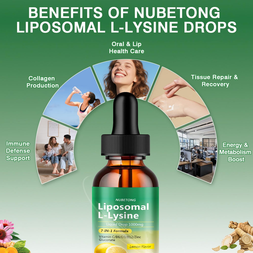 Liposomal L-Lysine 1000mg Liquid Drops, 7-in-1 Lysine Supplement for Adults with Vitamin C/B6/D3/B12 & Zinc Gluconate, Immune Support, Collagen Synthesis & Skin Lip Health, Lemon Flavor, 2 Fl Oz - FENGGESTORE20