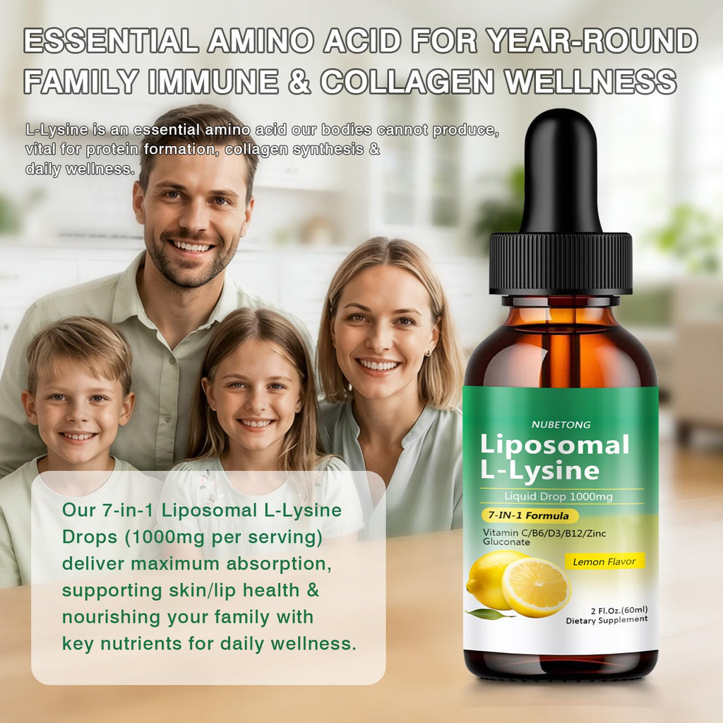 Liposomal L-Lysine 1000mg Liquid Drops, 7-in-1 Lysine Supplement for Adults with Vitamin C/B6/D3/B12 & Zinc Gluconate, Immune Support, Collagen Synthesis & Skin Lip Health, Lemon Flavor, 2 Fl Oz - FENGGESTORE20