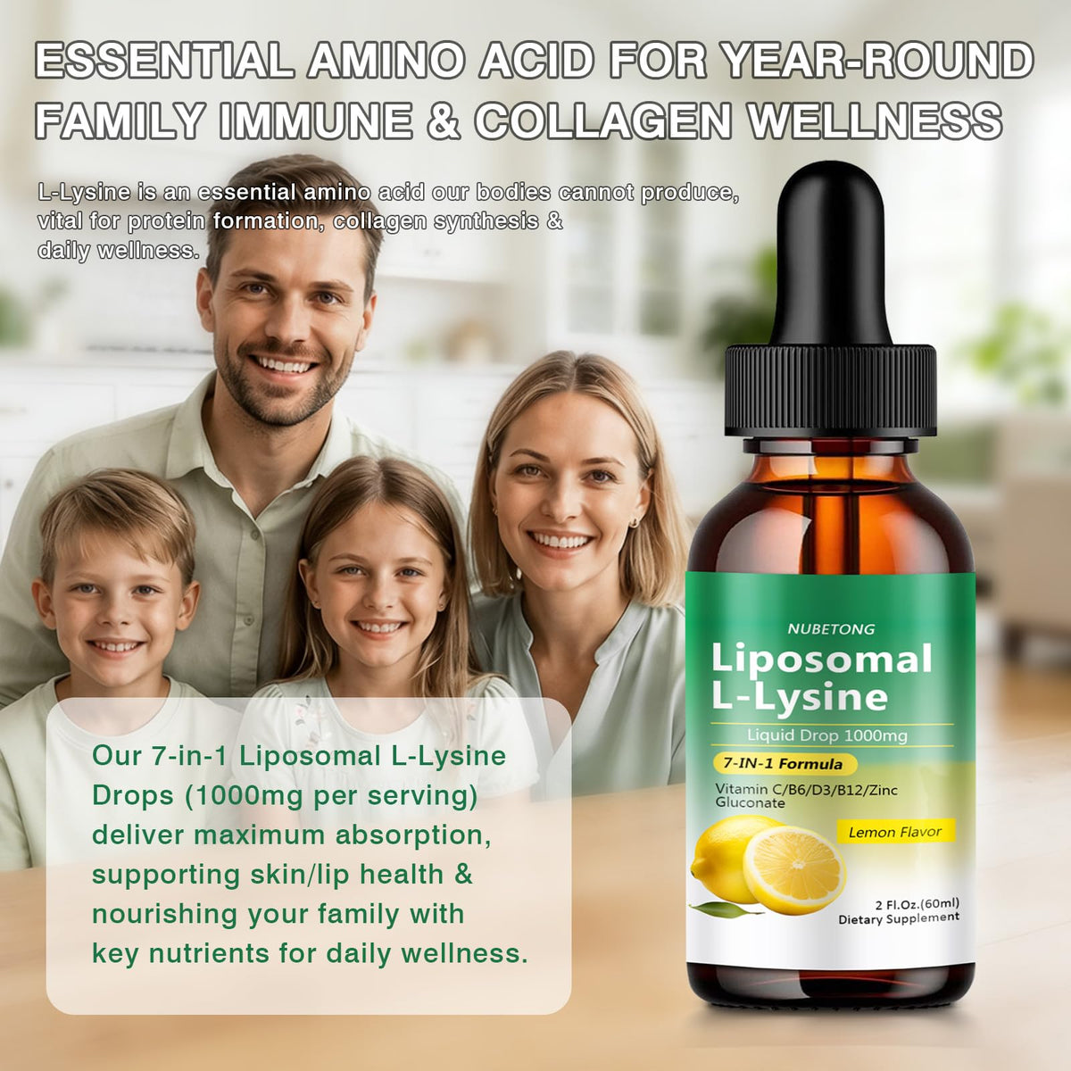 Liposomal L-Lysine 1000mg Liquid Drops, 7-in-1 Lysine Supplement for Adults with Vitamin C/B6/D3/B12 & Zinc Gluconate, Immune Support, Collagen Synthesis & Skin Lip Health, Lemon Flavor, 2 Fl Oz - FENGGESTORE20