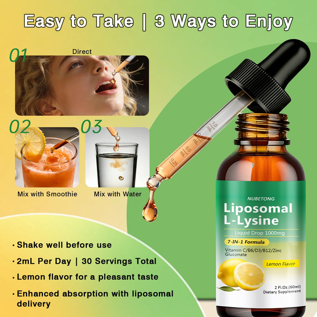 Liposomal L-Lysine 1000mg Liquid Drops, 7-in-1 Lysine Supplement for Adults with Vitamin C/B6/D3/B12 & Zinc Gluconate, Immune Support, Collagen Synthesis & Skin Lip Health, Lemon Flavor, 2 Fl Oz - FENGGESTORE20