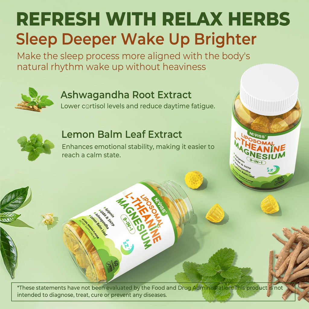 Liposomal L-Theanine 200mg Magnesium Glycinate 400mg Gummies with GABA, 5HTP, Apigenin, Vitamin B6 & D3, Ashwagandha, Lemon Balm Leaf, Melatonin Free Sleep - FENGGESTORE20