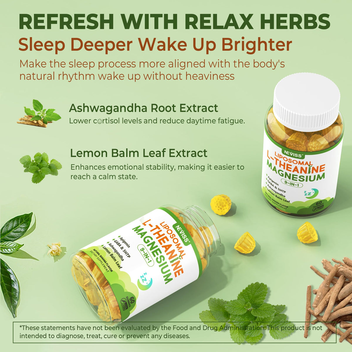 Liposomal L-Theanine 200mg Magnesium Glycinate 400mg Gummies with GABA, 5HTP, Apigenin, Vitamin B6 & D3, Ashwagandha, Lemon Balm Leaf, Melatonin Free Sleep - FENGGESTORE20