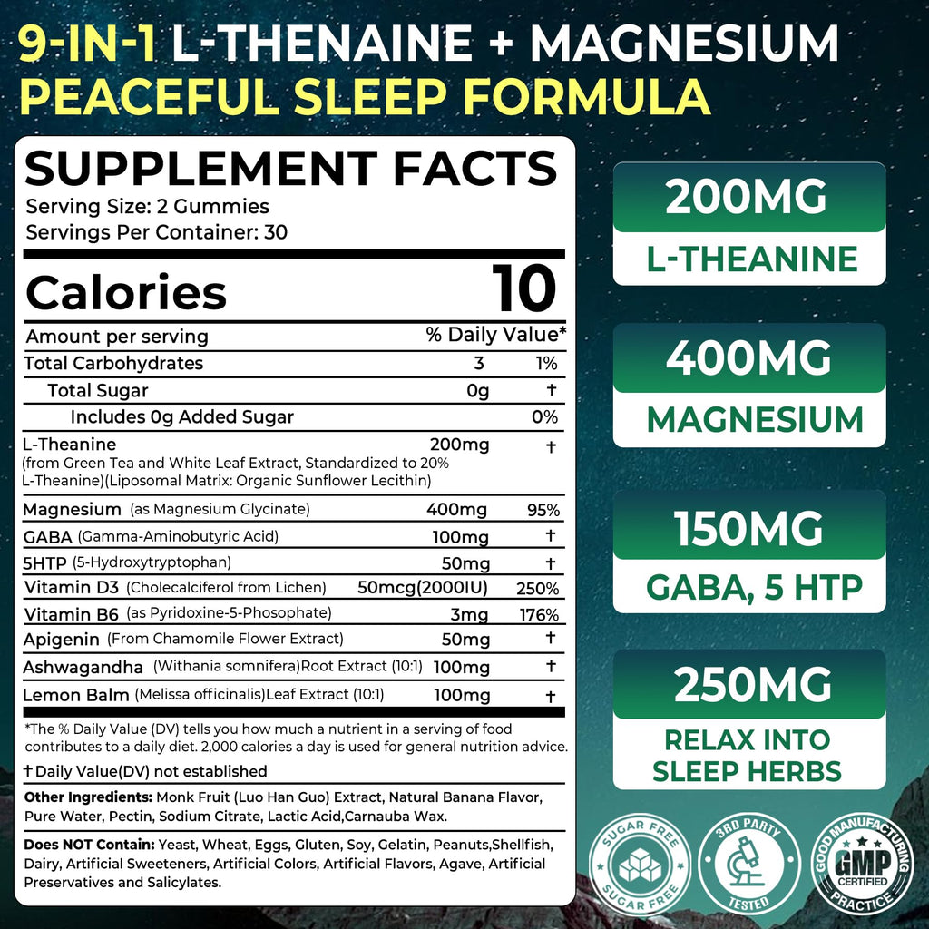 Liposomal L-Theanine 200mg Magnesium Glycinate 400mg Gummies with GABA, 5HTP, Apigenin, Vitamin B6 & D3, Ashwagandha, Lemon Balm Leaf, Melatonin Free Sleep - FENGGESTORE20