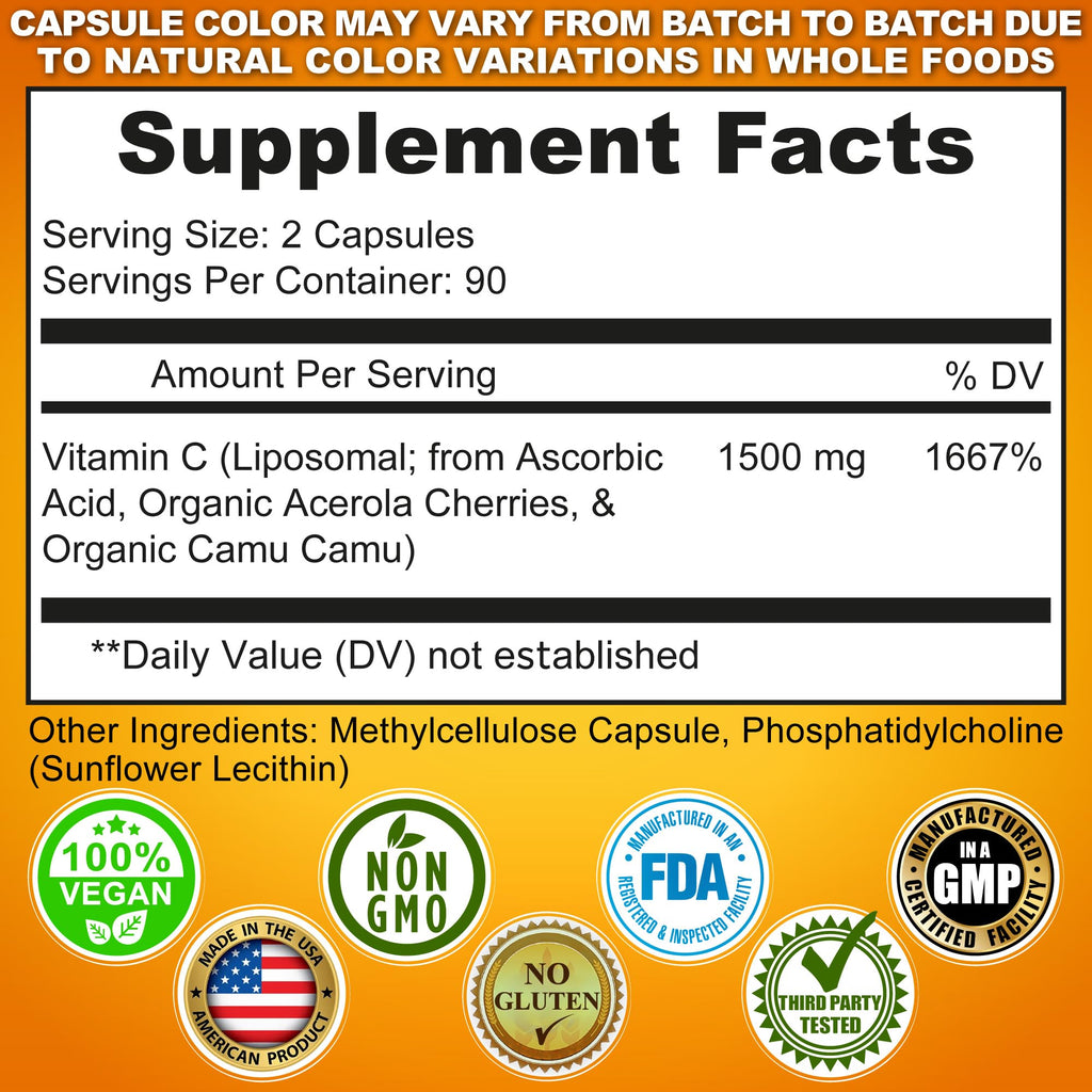 Liposomal Vitamin C Capsules - 1500mg - Made with Organic Acerola Cherries & Camu Camu, High Potency Vitamin C Liposomal - Immune Support Supplement - FENGGESTORE20