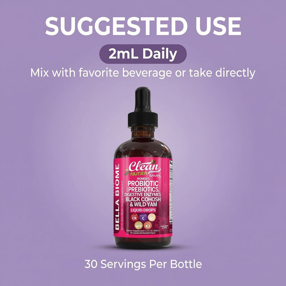 Liquid Probiotics for Women Drops with Chasteberry, Black Cohosh, Prebiotics, Digestive Enzymes, Evening Primrose Oil, Wild Yam, Cranberry Dmannose and Iron Vitamin D3 K2 Clean Nutra Bella Biotics - FENGGESTORE20