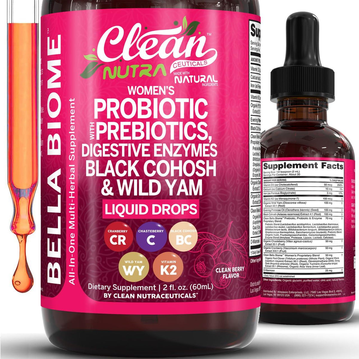 Liquid Probiotics for Women Drops with Chasteberry, Black Cohosh, Prebiotics, Digestive Enzymes, Evening Primrose Oil, Wild Yam, Cranberry Dmannose and Iron Vitamin D3 K2 Clean Nutra Bella Biotics - FENGGESTORE20