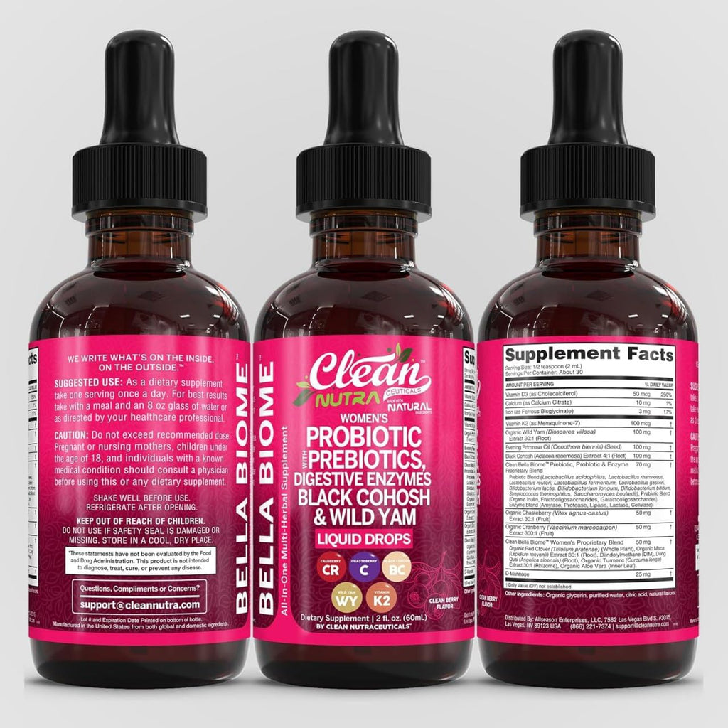 Liquid Probiotics for Women Drops with Chasteberry, Black Cohosh, Prebiotics, Digestive Enzymes, Evening Primrose Oil, Wild Yam, Cranberry Dmannose and Iron Vitamin D3 K2 Clean Nutra Bella Biotics - FENGGESTORE20