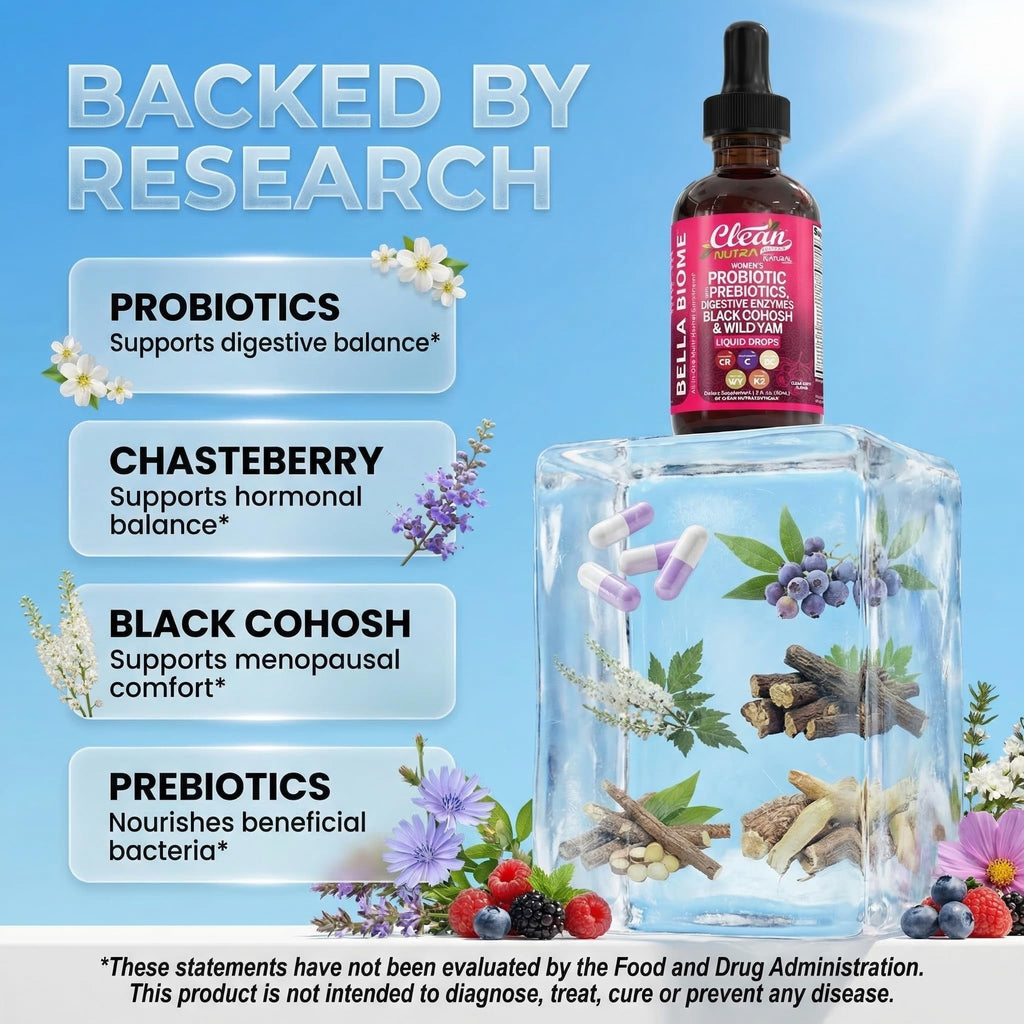 Liquid Probiotics for Women Drops with Chasteberry, Black Cohosh, Prebiotics, Digestive Enzymes, Evening Primrose Oil, Wild Yam, Cranberry Dmannose and Iron Vitamin D3 K2 Clean Nutra Bella Biotics - FENGGESTORE20
