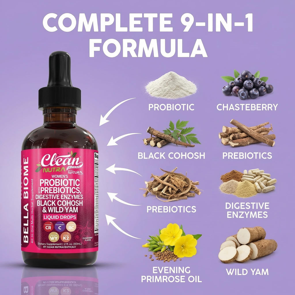 Liquid Probiotics for Women Drops with Chasteberry, Black Cohosh, Prebiotics, Digestive Enzymes, Evening Primrose Oil, Wild Yam, Cranberry Dmannose and Iron Vitamin D3 K2 Clean Nutra Bella Biotics - FENGGESTORE20
