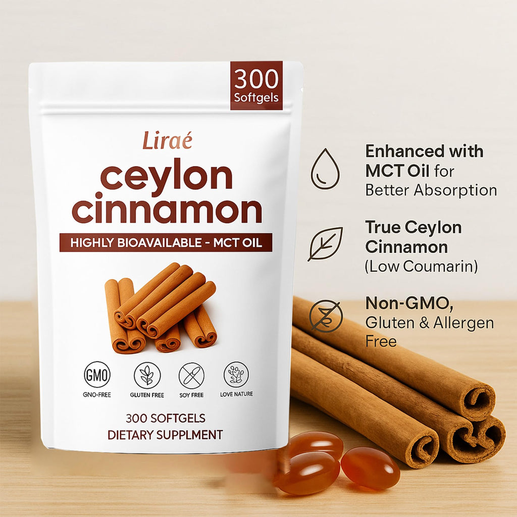 LIRAE Ceylon Cinnamon Softgels with MCT Oil – 300 Softgels – True Ceylon Cinnamon Supplement – Non-GMO, Gluten Free - FENGGESTORE20