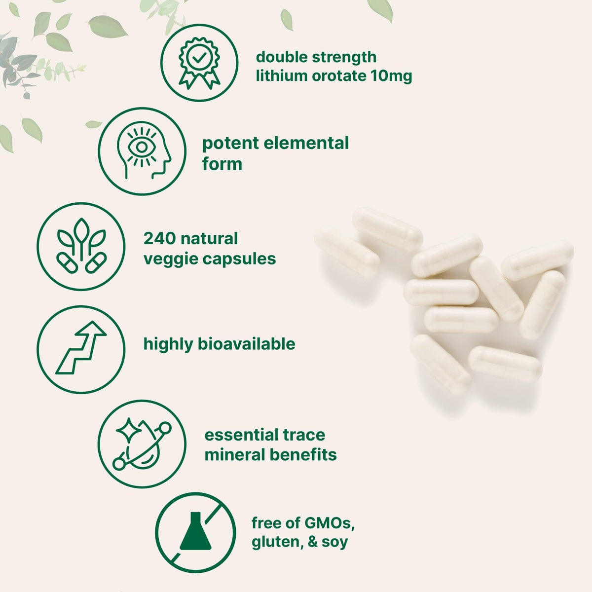 Lithium Orotate 10mg, 240 Veggie Capsules | 5mg Per Capsules | High Bioavailability Trace Mineral | Healthy Aging, Brain Supplement - FENGGESTORE20