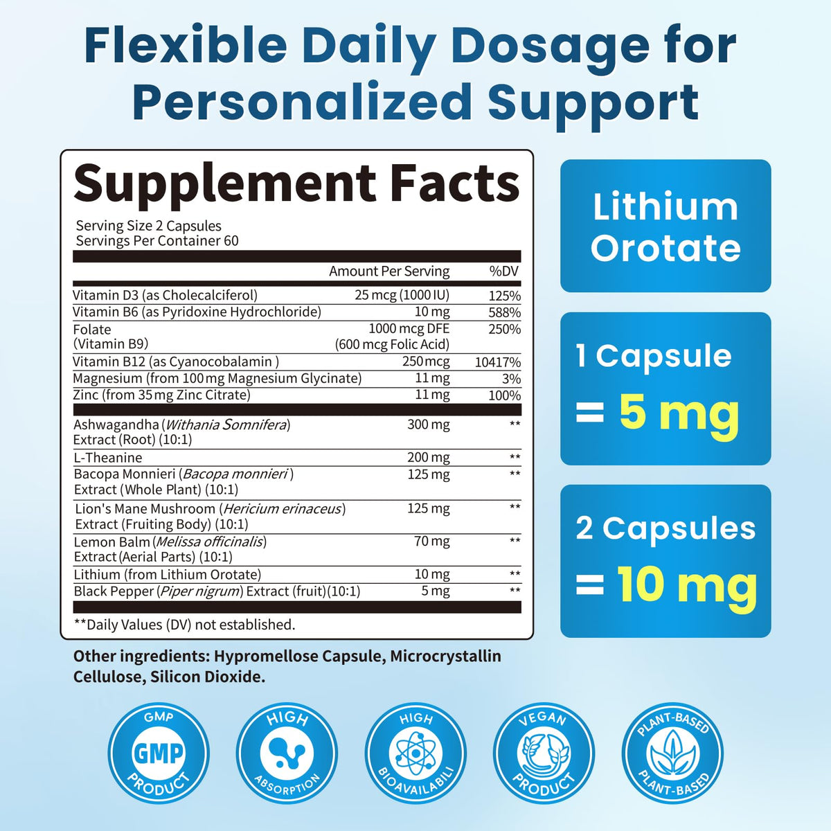 Lithium Orotate 5/10mg, L-Theanine 200mg, Ashwagandha 300mg - Mood Focus Memory Brain Supplements with Bacopa Monnieri, Lion’s Mane, Magnesium, Zinc D3 B6 Folate B12 - FENGGESTORE20